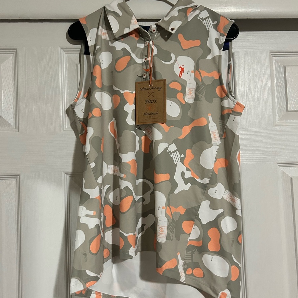 William Murray Golf Sleeveless Polo Tank in Olive, White & Coral Print